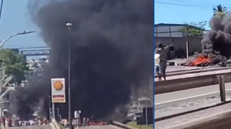 Manifestantes bloqueiam Estrada do Coco com pneus queimados