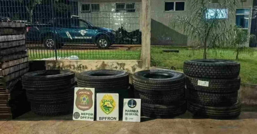 Polícia encontra pneus contrabandeados do Paraguai em mata