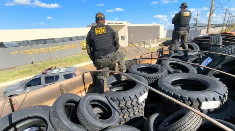 DOF apreende 165 pneus contrabandeados em carreta na MS-164