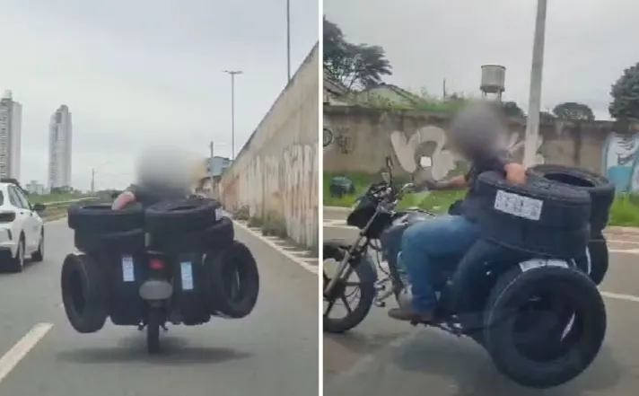 Motociclista impressiona ao trafegar com quase dez pneus em Goiás